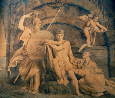 Kibir ve Şöhret arasındaki kavşaktaki Herkül, ressam Giuseppe Diotti, İtalya tarafından tasarlanan Giovanni Maffezzoli (1779-1818) tarafından kakma ahşap işleri by Giovanni Maffezzoli