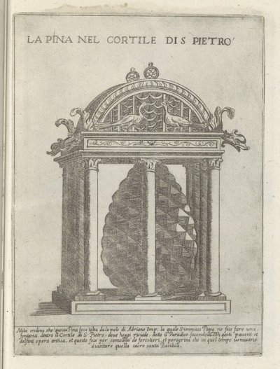 Cortile di S. Pietro'daki De Pigna te Vaticaanstand La Pina (nesne üzerindeki başlık) Roma'daki Moderne en antieke Monumenten en bouwwerken (dizi başlığı) Alma şehri Roma'nın eski ve modern binalarının süsleri (dizi başlığı) by Giovanni Maggi