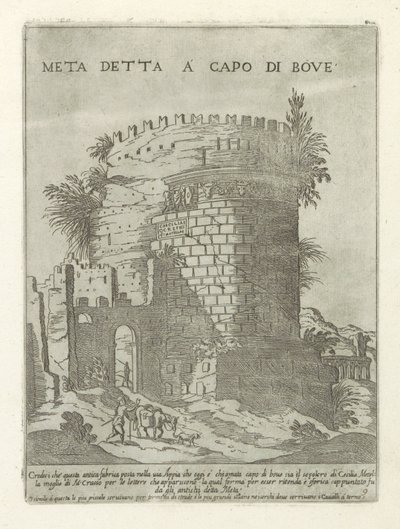 Tombe van Caecilia Metella te Rome Meta, capo di bove (nesne üzerindeki başlık) Roma'da Moderne en antieke anıten en bouwwerken (dizi başlığı) Roma'nın alma kentinin antik ve modern binalarının süsleri (dizi başlığı) by Giovanni Maggi