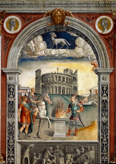Sign of the Zodiac: “” The belier””” On top medallions with portraits of Jules Cesar and Augustus. Below, legende associated with the birth of the constellation corresponding to the sign: Caius Mucius Scaevola, introduced into the enemy camp of Etruscan ki by Giovanni Maria Falconetto