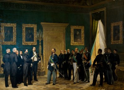 Victor Emmanuel II, Krallığa ilhak kararıyla Toskana temsilcilerini kabul ediyor. İtalya by Giovanni Mochi