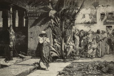 Magdalene, Orta Doğu köyünde sarıklı ve alaylı kadın, Cantagalli kardeşlerin Giovanni Muzzioli (1854-1894) tablosundan gravür, Modena, İtalya, L'Illustrazione Italiana, yıl 21, sayı 49, 9 Aralık by Giovanni Muzzioli