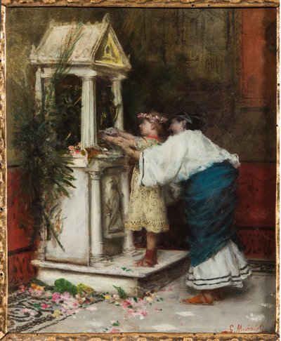 Küçük Bir Tapınağın Önünde Anne ve Kızı (tuval üzerine yağlı boya) by Giovanni Muzzioli