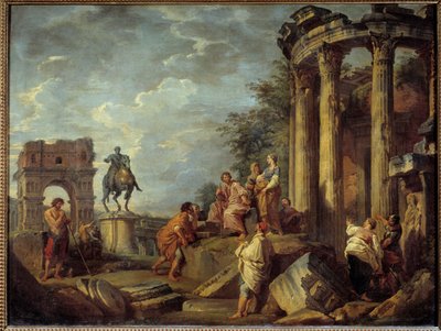 Janus kemeri, Vesta tapınağı ve Marc Aurele (Marco Aurelio) heykeli ile mimari kalıntılar Giovanni Paolo Pannini (Panini) (1691-1765) 18. yüzyıl güneşi. 0,79x0,87 m by Giovanni Paolo Pannini