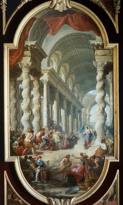 Tapınakta taşlanan İsa, Giovanni Paolo Panini (1691-1765), resim, La Granja Sarayı, Segovia, İspanya. by Giovanni Paolo Pannini