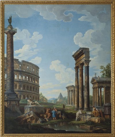 Konstantin Kemeri ve Panteon, Kolezyum ve Trajan Sütunu (Trajan Sütunu veya Colonna Traiana) dahil olmak üzere Roma Harabelerinde Figürlü Bir Capriccio - Resim Giovanni Paolo Panini (Pannini) (1691-1765), tuval üzerine yağlıboya, 210.8 x1 by Giovanni Paolo Pannini
