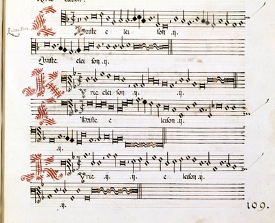 İtalyan besteci Giovanni Pierluigi da Palestrina (1525 - 1594) tarafından yazılan “Messes of Mantua”nın Kyrie el yazması. by Giovanni Pierluigi da (after) Palestrina