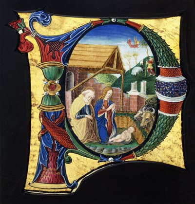 Bir Doğuş sahnesini betimleyen, tarihi geçmişe sahip büyük bir ilk "P", c.1490 by Giovanni Pietro Medici Da Crema