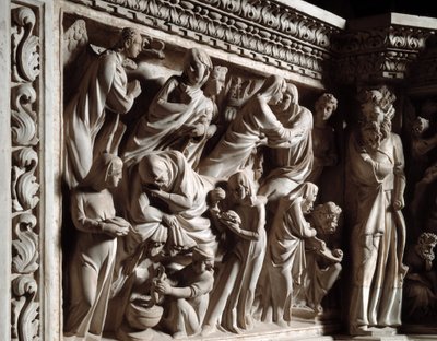 Giovanni Pisano (1248-1314) tarafından gerçekleştirilen Sandalye kabartmalarının detayı: Müjde, ziyaret ve Vaftizci Yahya