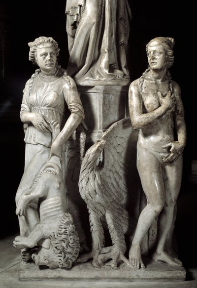 Giovanni Pisano (1248-1314) tarafından gerçekleştirilen Sandalyeyi destekleyen heykel gruplarının detayı: iki ana erdem (Mermer minberi destekleyen heykellerin detayı, iki ana erdem) 1302-1311 Cathedrale de Pisa (Duomo di Pisa), İtalya by Giovanni Pisano
