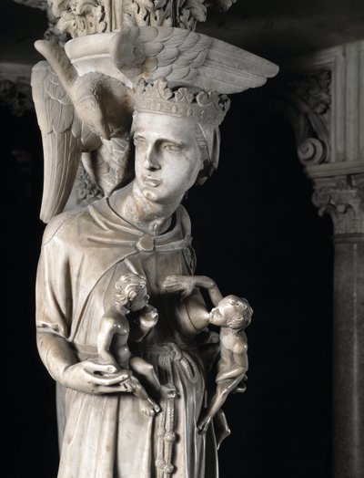 Giovanni Pisano (1248-1314) tarafından gerçekleştirilen Sandalyeyi destekleyen heykel gruplarının detayı: Çocuklarını besleyen kilise (Mermer minberi destekleyen heykellerin detayı, Kilise çocuklarını besliyor) 1302-1311 Cathedrale de Pisa (Duomo di Pis) by Giovanni Pisano