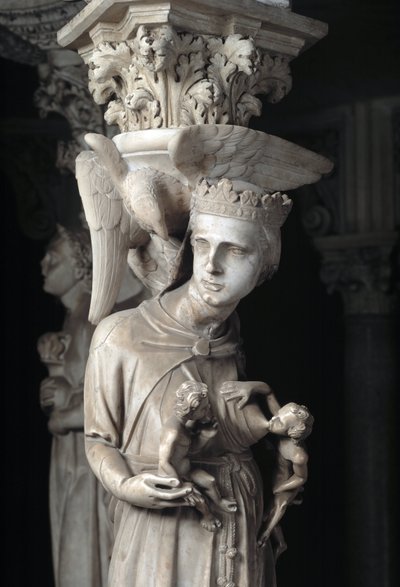 Giovanni Pisano (1248-1314) tarafından gerçekleştirilen Sandalyeyi destekleyen heykel gruplarının detayı: Çocuklarını besleyen Kilise (Mermer minberi destekleyen heykellerin detayı, Kilise çocuklarını besliyor) 1302-1311 Cathedrale de Pisa (Duomo di Pis) by Giovanni Pisano