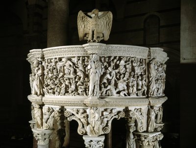 Giovanni Pisano (1248-1314) tarafından gerçekleştirilen Sandalyenin üst kısmına genel bakış (Mermer minber kabartmalarının detayı) 1302-1311 Cathedrale de Pisa (Duomo di Pisa), İtalya by Giovanni Pisano