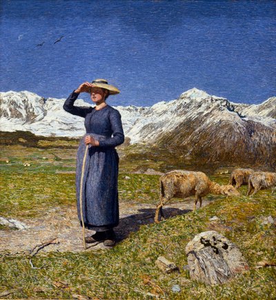 Alplerde gün ortası, gözlerini güneşten koruyan bir berjer. Giovanni Segantini (1858-1899) 1891 Sun tarafından tablo. 7,5x71,57 cm Koleksiyon O. Fischebacher by Giovanni Segantini