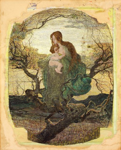 Yaşam Meleği - Peinture de Giovanni Segantini (1858-1899) - 1894-1895 - Kağıt üzerine suluboya, guaj, altın ve beyaz renkler - 59,5x47,9 - Szepmuveszeti Muzeum, Budapeşte by Giovanni Segantini