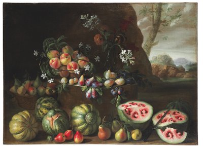 Bir manzarada karpuz, şeftali, armut ve diğer meyveler by Giovanni Stanchi