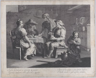 Bir adam boş bir tabak getirirken soldaki bir masanın etrafına oturan üç kişi..., 1760-70. by Giovanni Volpato