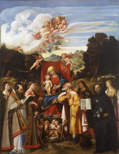 Madonna Enthroned with Angels, St. Apollonia, St. Augustine, St. Catherine, St. Joseph, St. Grata, St. Philip Benizzi ve St. Barbara (St. Gotthard Altarpiece) by Giovanni de Busi Cariani