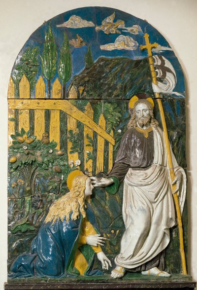 Noli me tangere İsa Mesih, kırmızı bir haç ile vurulmuş beyaz bir bayrak (standart) tutar ve aureole