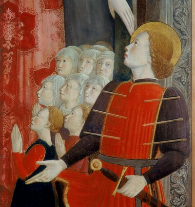 Aziz Sebastian detayı, Madonna della Misericordia ile Aziz Venantius ve Aziz Sebastian, 1463 by Girolamo Giovanni