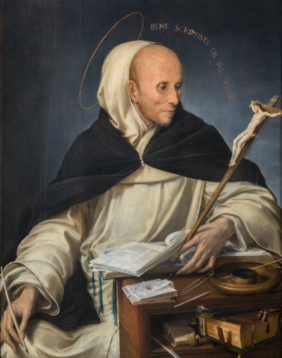 Thomas Aquinas gibi giyinmiş bir keşişin portresi by Girolamo Mazzola Bedoli