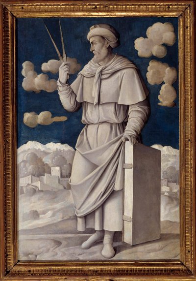 Euclid'in ayaklarında portre (MÖ 325-265), Yunan matematikçi Resim Girolamo Mocetto (1458-1531) 1531 Paris. Musee Jacquemart Andre - İngiliz matematikçi Öklid'in (MÖ 325-265) tam boy portresi. Girolamo Mocetto'nun (1458-1531) tablosu by Girolamo Mocetto