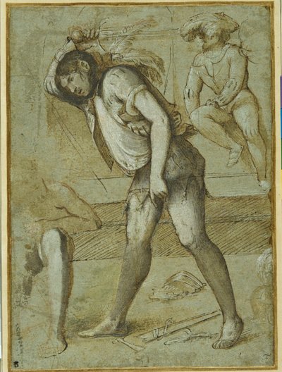 Sakallı bir azizi kesmek üzere olan bir cellat (kağıt üzerinde yıkama ve beyaz gövde rengi ile kalem ve kahverengi mürekkep) by Girolamo Romanino