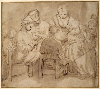 Bir masanın etrafında oturan kadınlar ve kızlar dikiş dikiyor (kağıt üzerinde kahverengi lekeli kalem ve kahverengi mürekkep) by Girolamo Romanino