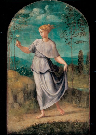 ötesinde geniş bir manzara ile bir çiçek tutan genç kadın by Girolamo da Carpi