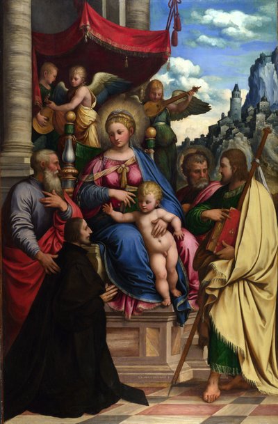 Madonna ve Çocuk ile Melekler, Azizler ve Bir Donör by Girolamo da Treviso the Younger
