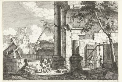 Mezar yağmacıları ve palmiye ağacı ile antik kalıntılar İtalyan manzaraları (dizi başlığı) by Giuliano Giampiccoli