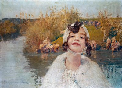 Arka planda kırsal kesim olan kız bebek portresi by Giulio Aristide Sartorio