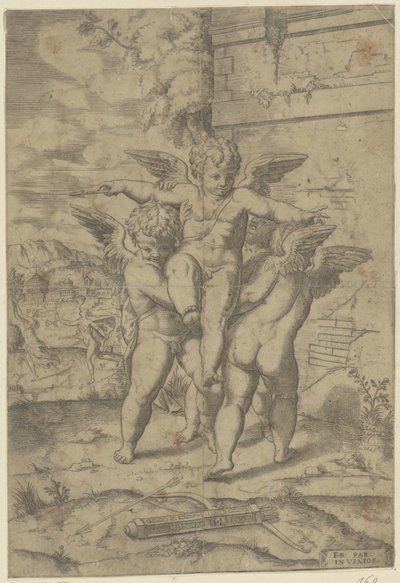 Amor ve üç putti by Giulio Bonasone (attributed to)