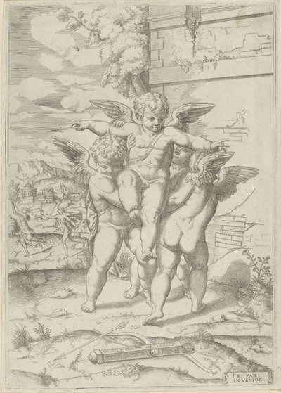 Amor ve üç putti by Giulio Bonasone (attributed to)