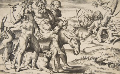 Sarhoş bir Silenus, satirler tarafından desteklenen bir eşek sürüyor, 1531-76. by Giulio Bonasone