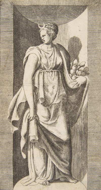 Sol elinde meyve tutan Diana, bir niş içinde duruyor, yaklaşık. 1531-76. by Giulio Bonasone