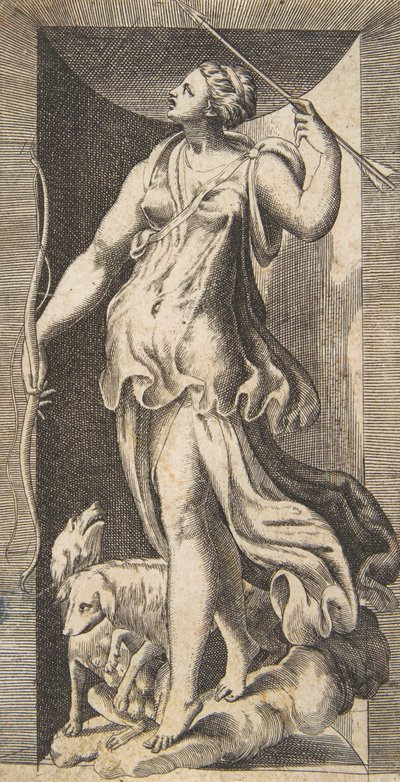 Avcı Diana, köpekleriyle birlikte bir niş içinde ayakta duruyor, 16. yüzyıl., 16. yüzyıl. by Giulio Bonasone