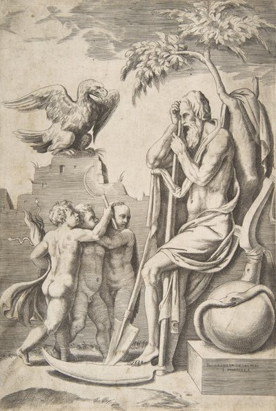 Sağda tırpana yaslanmış Baba Zaman, solda üç çıplak erkek ve kartal, 1..., 1531-76. by Giulio Bonasone