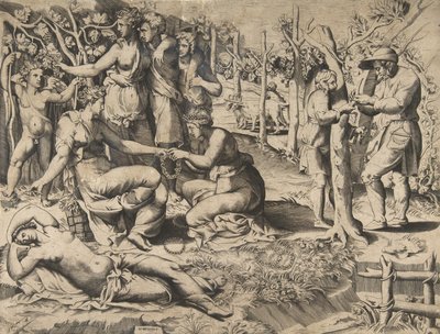 Merkezdeki flora, başka bir kadına çelenk veriyor, etrafı başka bir incirle çevrili, 16. yüzyılın ortalarında. by Giulio Bonasone