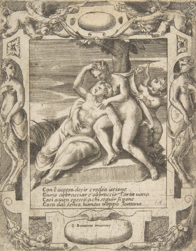 Ixion bir bulutu kucaklıyor, onun Juno olduğunu düşünüyor, sağda Cupid, ayrıntılı bir şekilde ayarlanmış..., 1531-76. by Giulio Bonasone