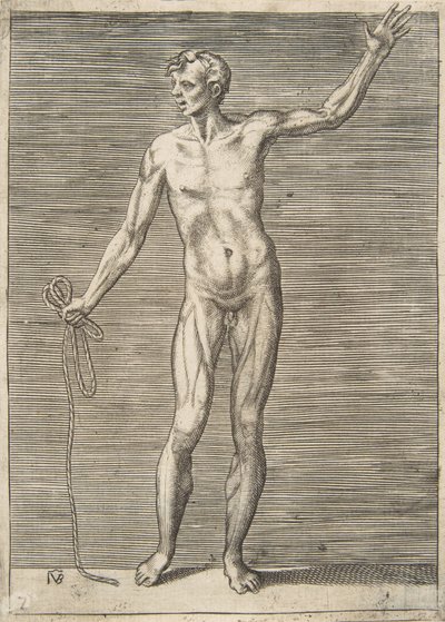 Sağ elinde bir ip tutan önden görülen adam, 16. yüzyıl. by Giulio Bonasone