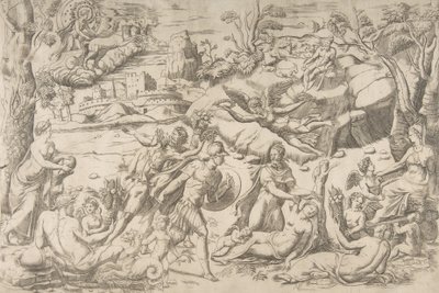 Mars ve Rhea Silvia: Merkezde Mars bir kalkan ve kılıç tutar, Rhea Silvia uyku..., ca 1531-76. by Giulio Bonasone