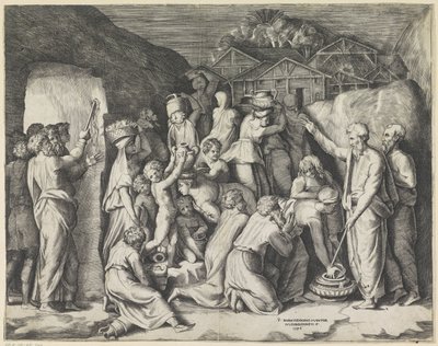 Musa, İsraillilere manı toplamalarını emreder ve Musa kayadan su çıkarır by Giulio Bonasone