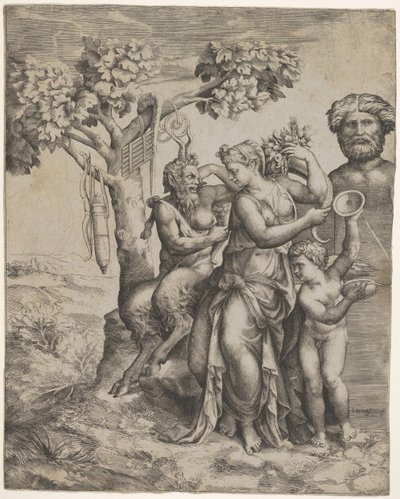 Bir bereket tutan bir kadın figürünün yanında oturan pan, sağda bir peri veya Pomona, ..., yaklaşık. 1550-60. by Giulio Bonasone