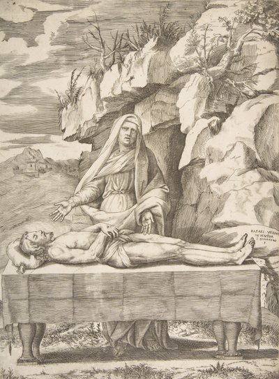 Pieta, İsa bir manzarada bir masaya uzanmış, Bakire kollarının arkasında duruyor ..., 1531-76. by Giulio Bonasone