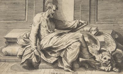 Aziz Mark, sağda kanatlı bir aslan olan İncilini yazarken, 1531-76. by Giulio Bonasone