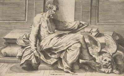 Aziz Mark müjdesini yazarken, sağda kanatlı aslan, 1531-76. by Giulio Bonasone