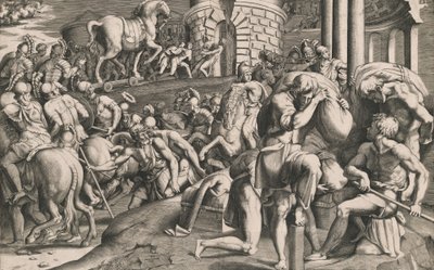 Tahta atı şehre çeken Truvalılar, 1545. by Giulio Bonasone