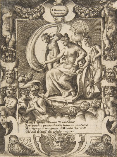 1531-76 yıllarından ayrıntılı bir çerçeve içinde bir arabada oturan Juno