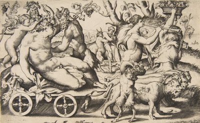 Solda bir arabada oturan Bacchus